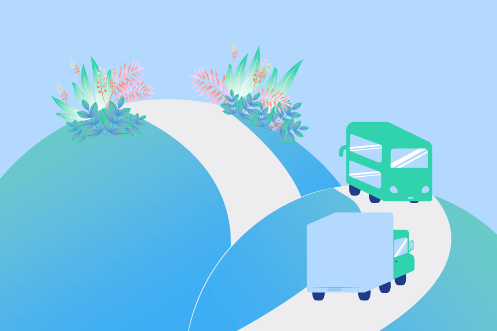 Ilustración sustentable de transporte terrestre con camiones de carga avanzando por una ruta ecológica, representando la logística y operaciones de Bus Norte Cargo en Chile