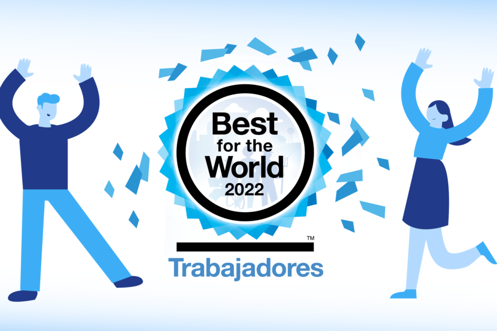 Reconocimiento BFTW 2022 a empresas destacadas por su impacto positivo en trabajadores, con ilustración celebrando el premio Best for the World