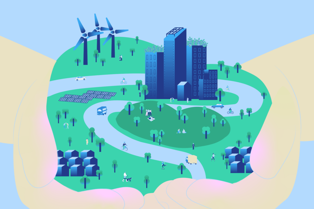 Ilustración de un paisaje sostenible con edificios, energías renovables, transporte limpio y áreas verdes sostenidas por dos manos, representando el compromiso de Proyecta Impacto con la gestión climática y el objetivo carbononeutral.