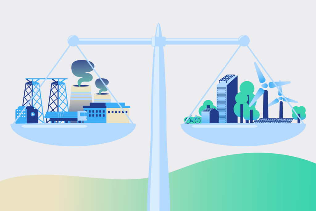 Balanza equilibrando infraestructuras fósiles y soluciones verdes, representación del camino hacia una economía carbononeutral