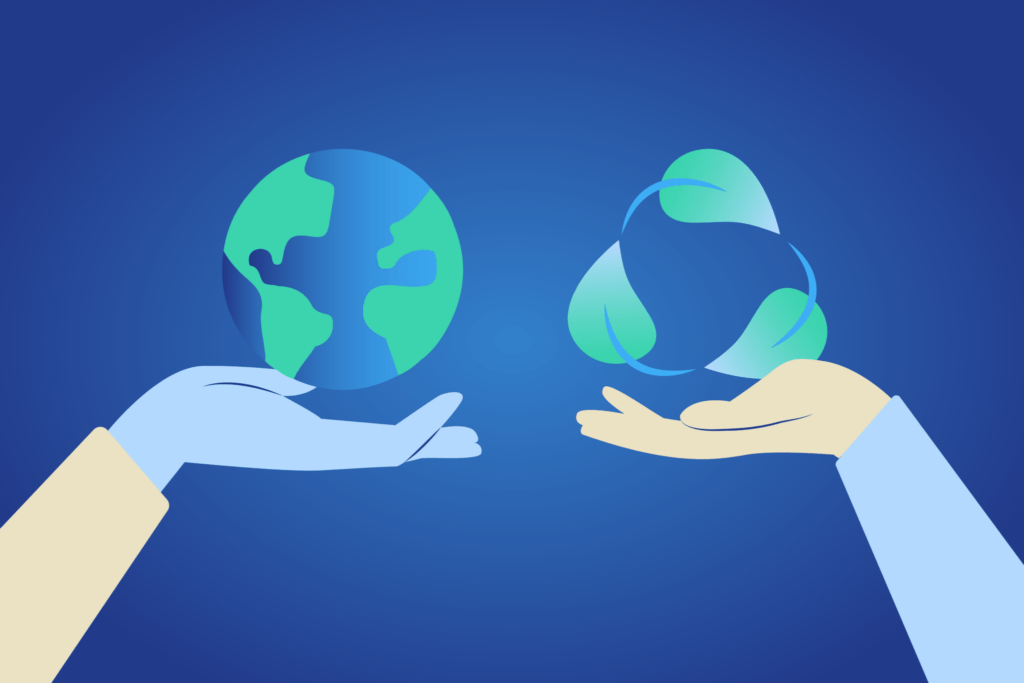 Ilustración sobre sustentabilidad o sostenibilidad con manos sosteniendo el planeta y un símbolo de reciclaje
