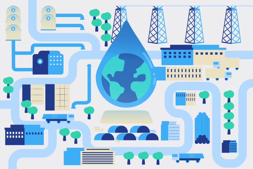 Gota de agua con el planeta en el centro rodeada de infraestructura urbana e industrial, símbolo del Certificado Azul y la gestión sostenible del agua