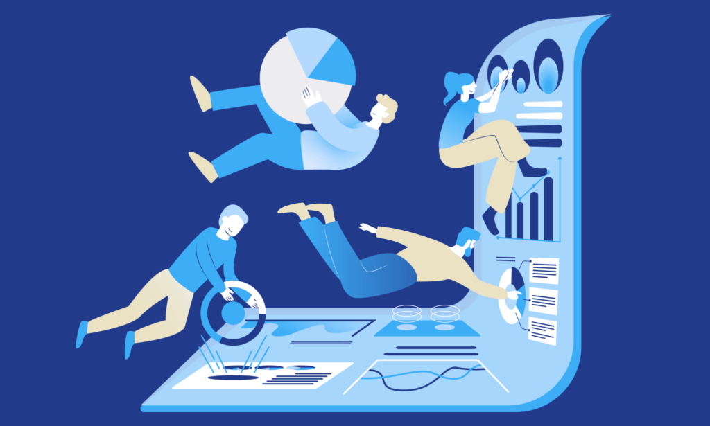 Equipo evaluando datos y métricas para la adaptación al cambio climático en organizaciones