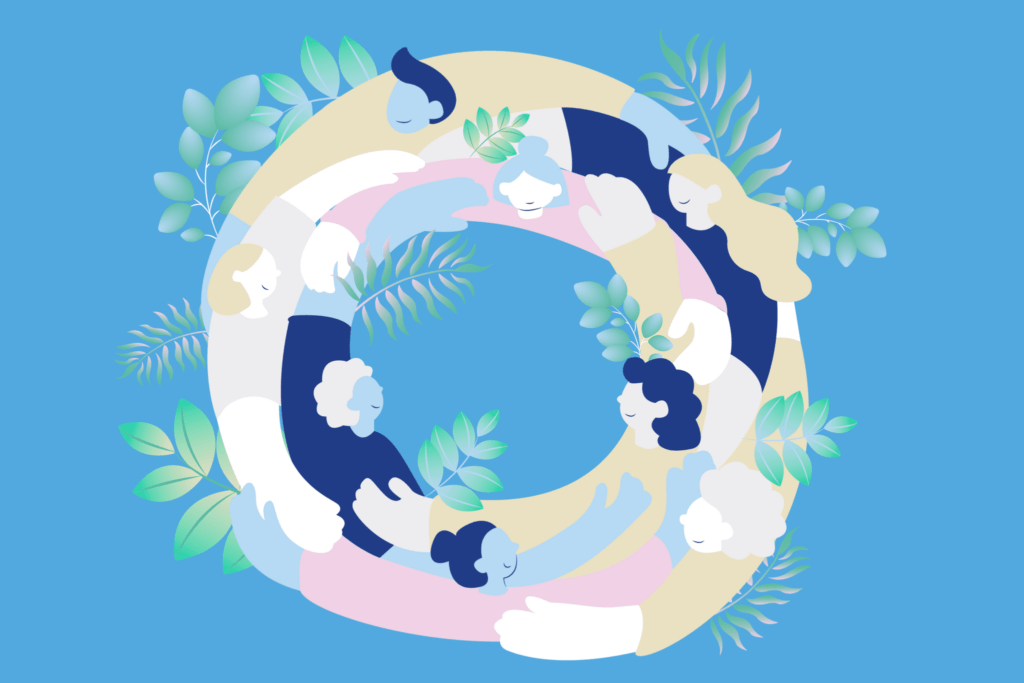 Personas entrelazadas, formando un círculo como unión respecto a los Derechos Humanos