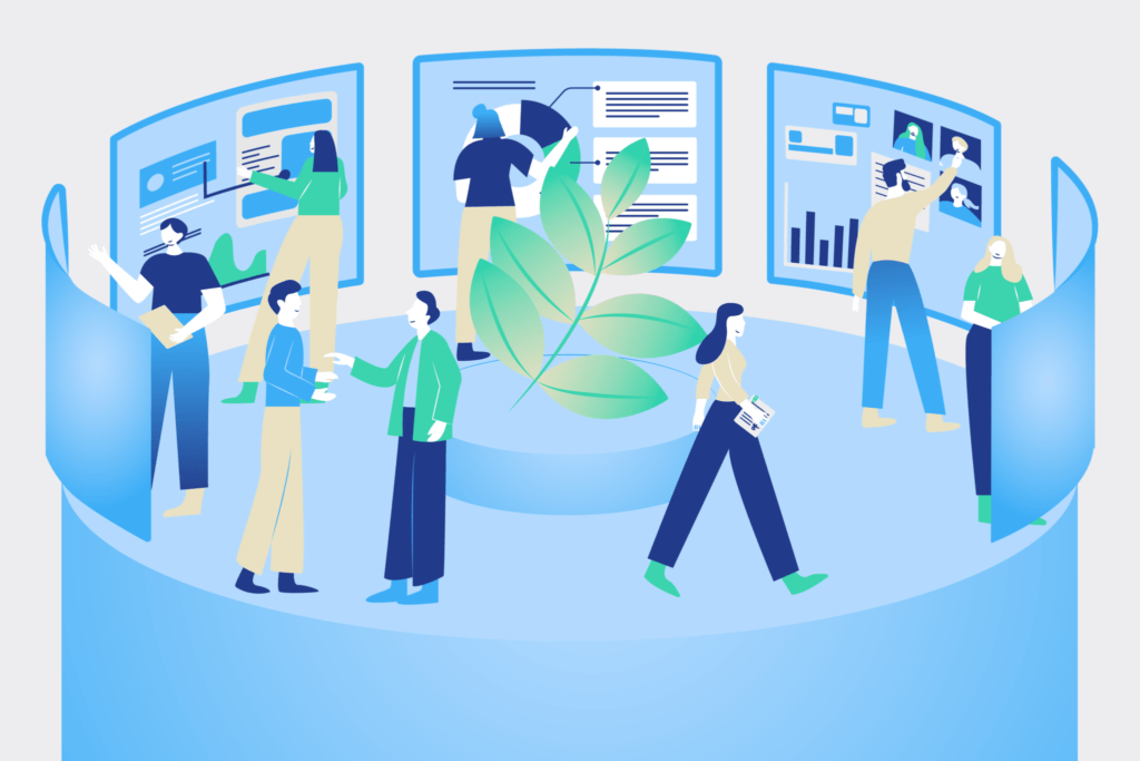 Personas analizando datos y colaborando en torno a proyectos de sostenibilidad