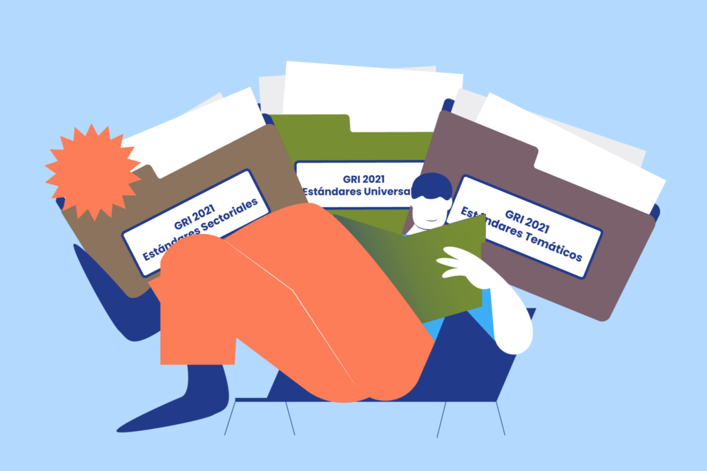 Ilustración sobre la actualización de estándares GRI 2016 y 2021 con carpetas de reportes de sostenibilidad