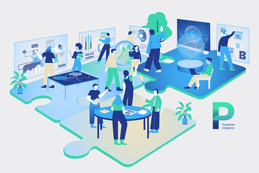 Ilustración corporativa de Proyecta Impacto mostrando equipos de trabajo colaborando en sostenibilidad, análisis ASG, innovación y gestión de impacto, representando los servicios y enfoque integral de Proyecta Impacto en Chile y México