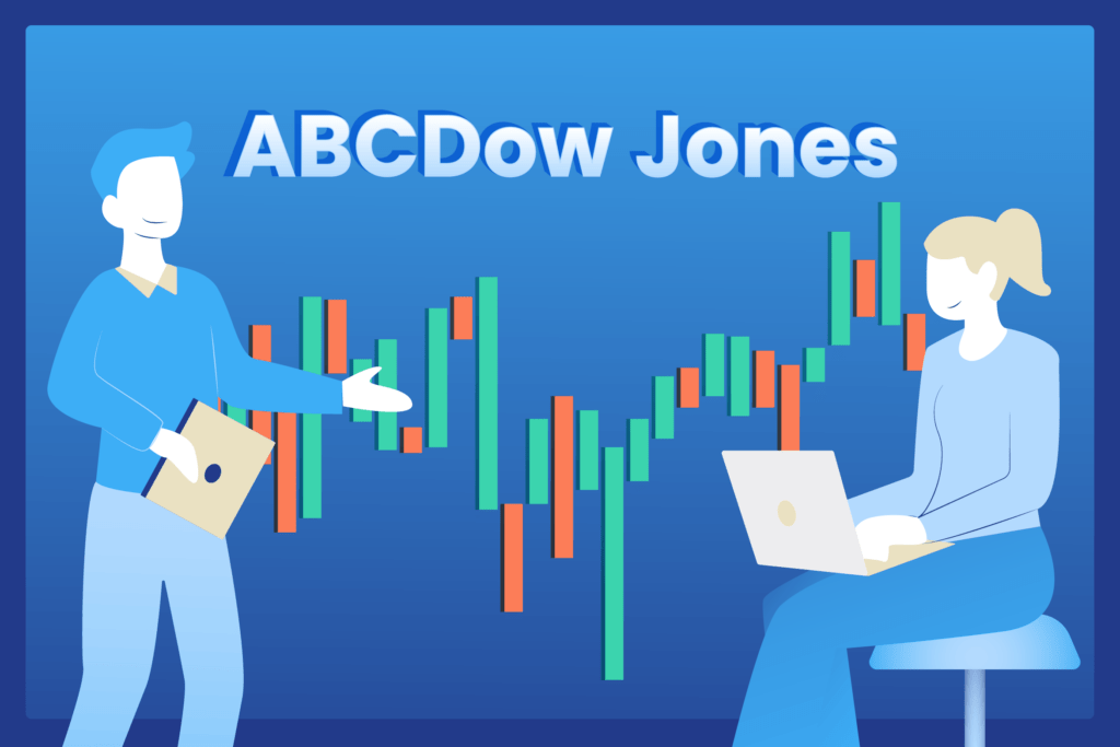 Ilustración de análisis financiero y gráfico de velas representando el índice Dow Jones y su comportamiento