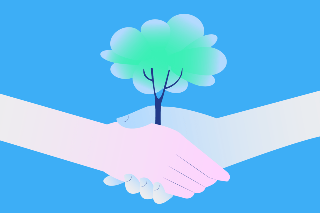 Apretón de manos con un árbol, representando la gestión de huella de carbono del programa HuellaChile