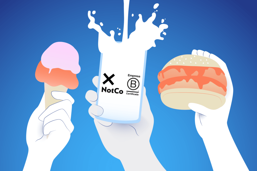 Ilustración de productos alimentarios de NotCo —helado, leche y hamburguesa vegetal— destacando su certificación como NotCo Empresa B y su compromiso con la innovación sostenible en la industria alimentaria