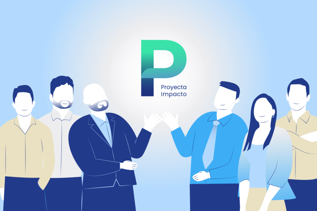 Equipo de Proyecta Impacto posando frente al logo institucional, representando liderazgo en sostenibilidad, impacto ASG y consultoría estratégica — Proyecta Impacto