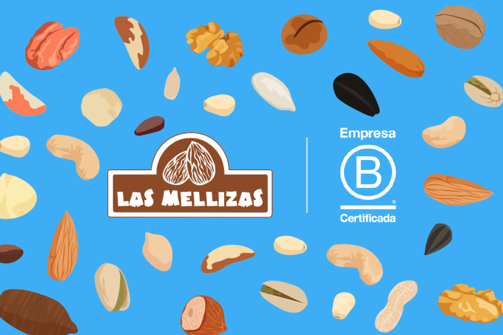 Las Mellizas empresa B certificada en Chile, marca de frutos secos y alimentos sostenibles, destacando su compromiso con el impacto social y ambiental positivo, ilustración de frutos secos variados sobre fondo azul.