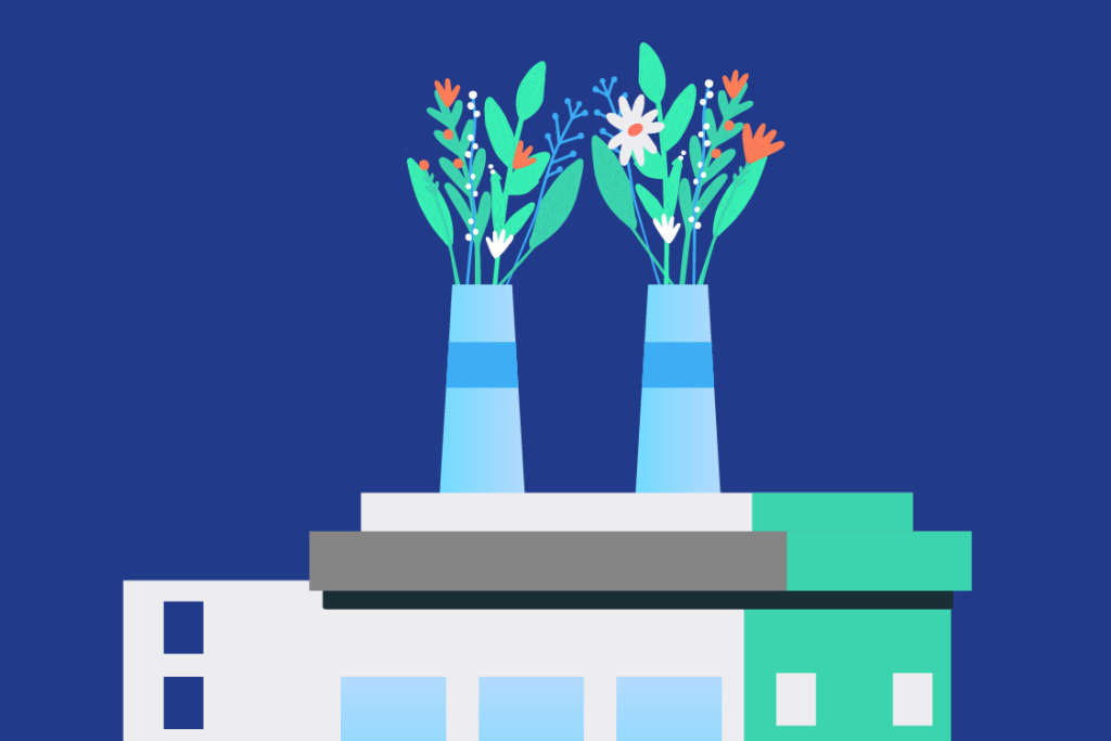 Fábrica sostenible con vegetación en chimeneas, simbolizando la descarbonización basada en SBTi en empresas