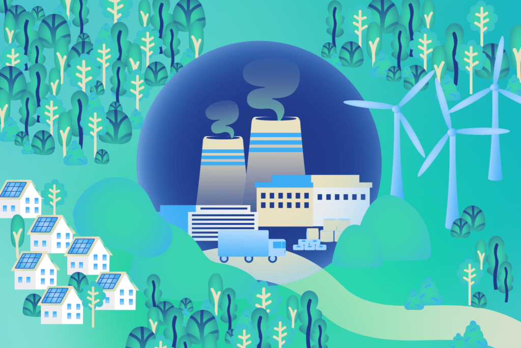 Fábricas con emisiones, aerogeneradores y viviendas solares representando los desafíos y oportunidades de los Mercados de Carbono 2026