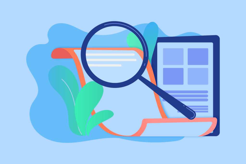 Ilustración de lupa revisando documentos y reportes que representan los nuevos estándares de reportabilidad en sostenibilidad