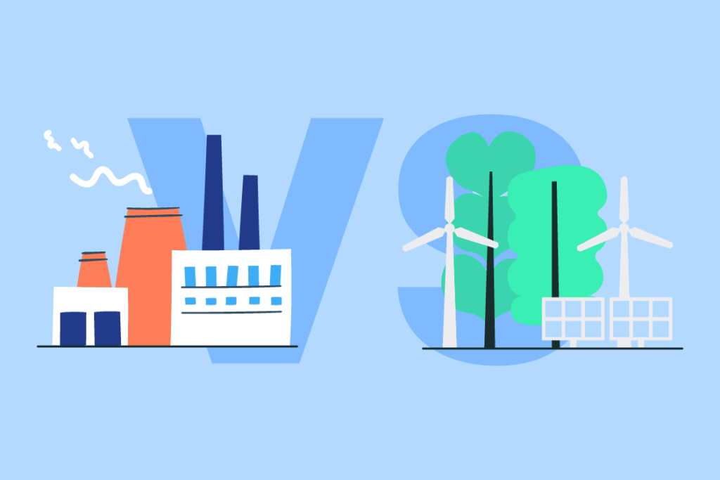 Fábricas contaminantes frente a aerogeneradores y áreas verdes, representando el camino de las organizaciones hacia ser Carbononeutral o Net Zero