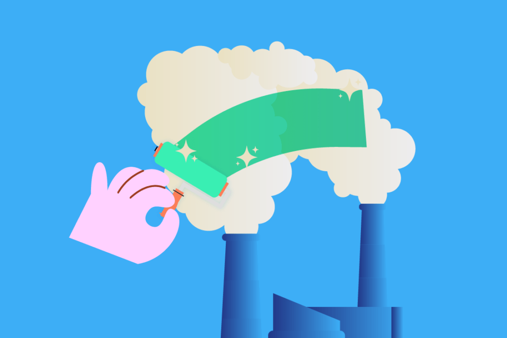 Ilustración de greenwashing con una mano pintando de verde las emisiones de una fábrica