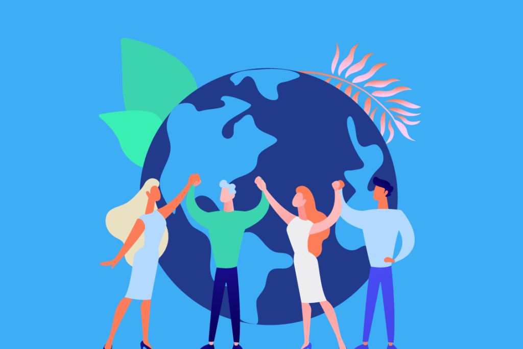 Ilustración de personas unidas frente al planeta representando el cumplimiento de la NCG 461 en sostenibilidad corporativa