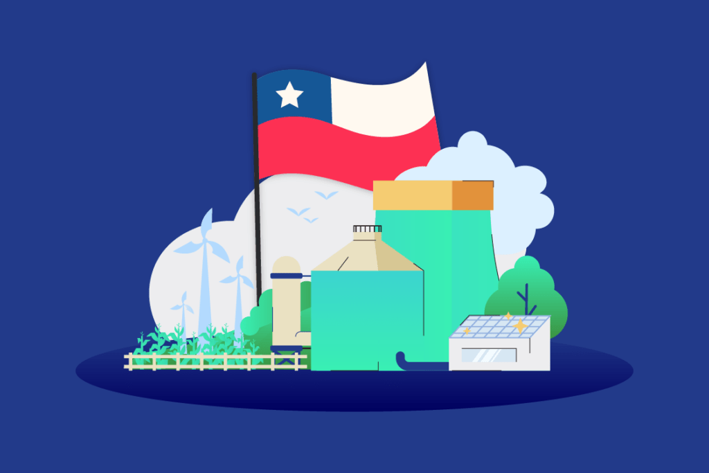 Energías renovables, infraestructura industrial y la bandera chilena simbolizando el avance del hidrógeno verde en Chile como alternativa energética