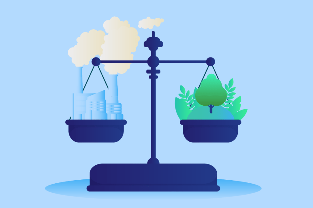 Ilustración de una balanza que pesa contaminación versus naturaleza para destacar la importancia de descarbonizar las operaciones empresariales