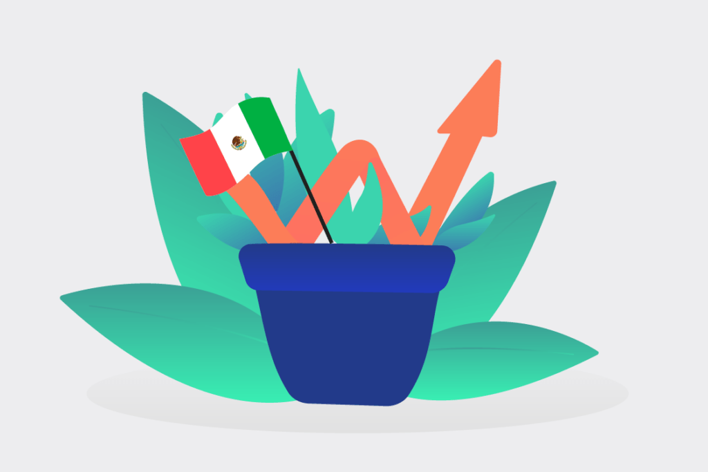 Ilustración sobre crecimiento sostenible en México representado con una maceta y la bandera mexicana