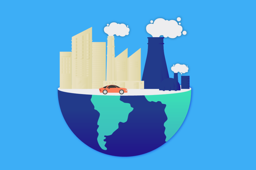 Planeta Tierra con fábricas, edificios y un vehículo emitiendo gases, simbolizando las principales fuentes que incrementan la Huella de Carbono