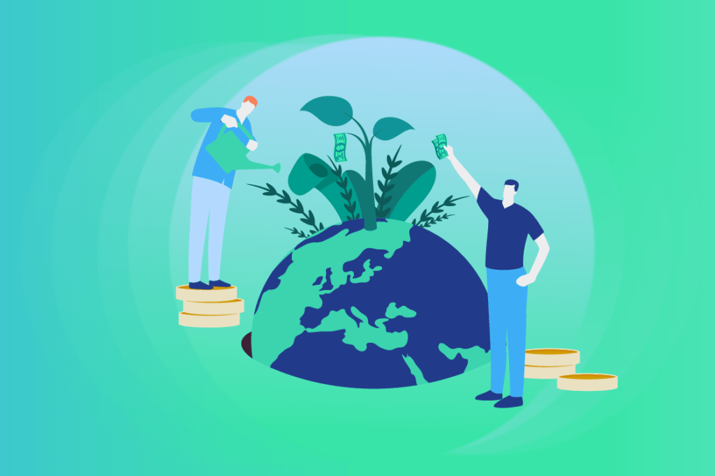 Personas aportando recursos económicos para impulsar prácticas sostenibles, simbolizando el Impuesto Verde en México