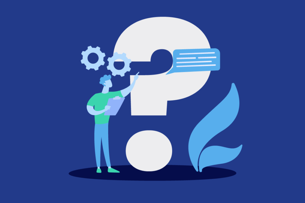 Persona revisando información y engranajes junto a un signo de interrogación, simbolizando preguntas comunes sobre la huella de carbono