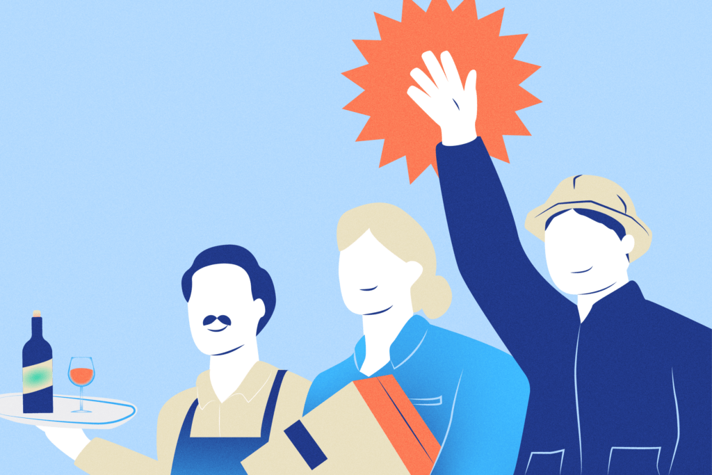 Ilustración de trabajadores representando el concepto de trabajo decente y condiciones laborales dignas