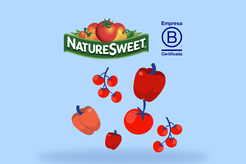Ilustración de NatureSweet como Empresa B Certificada, mostrando su logotipo junto a tomates frescos para destacar su compromiso con la sostenibilidad y el impacto positivo; NatureSweet Empresa B