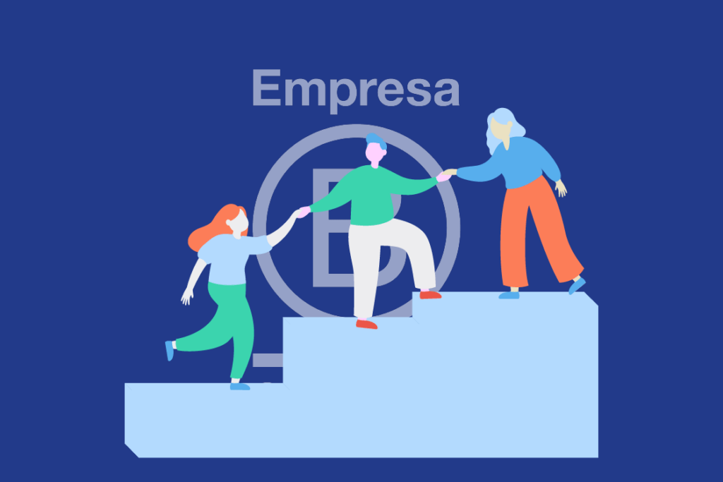 Ilustración de tres personas colaborando y subiendo escalones frente al sello de Empresa B, representando el compromiso de Armony como Empresa B y su enfoque en sostenibilidad y impacto positivo