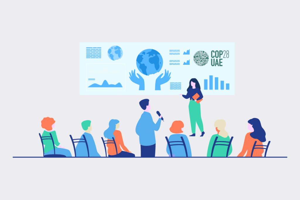 Presentación sobre la COP28 con público asistente y panel visual de cambio climático y sostenibilidad