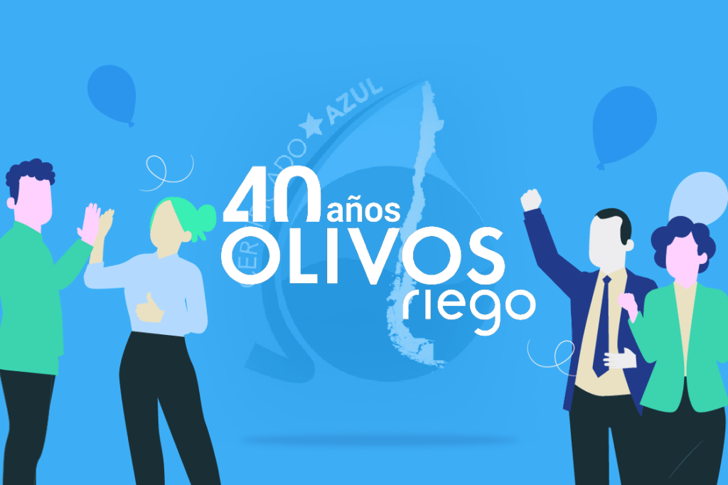 Ilustración corporativa celebrando los 40 años de Olivos Riego, destacando su compromiso hídrico y la obtención del Certificado Azul Chile como empresa líder en gestión sostenible del agua