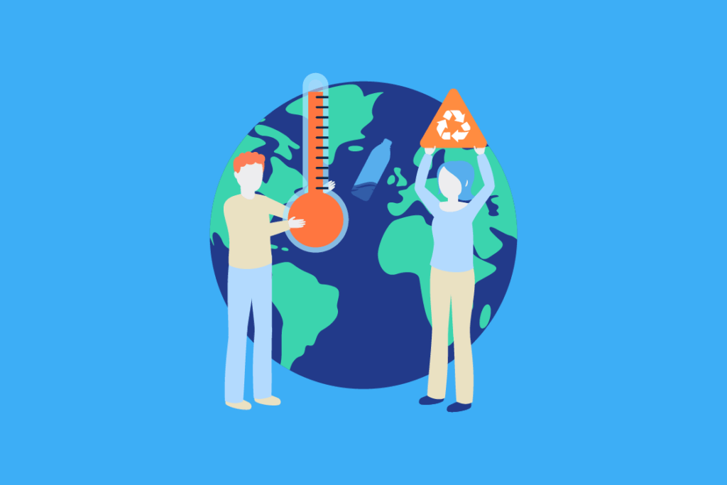 Personas impulsando reciclaje y control de temperatura global como medidas de mitigación o adaptación al Cambio Climático