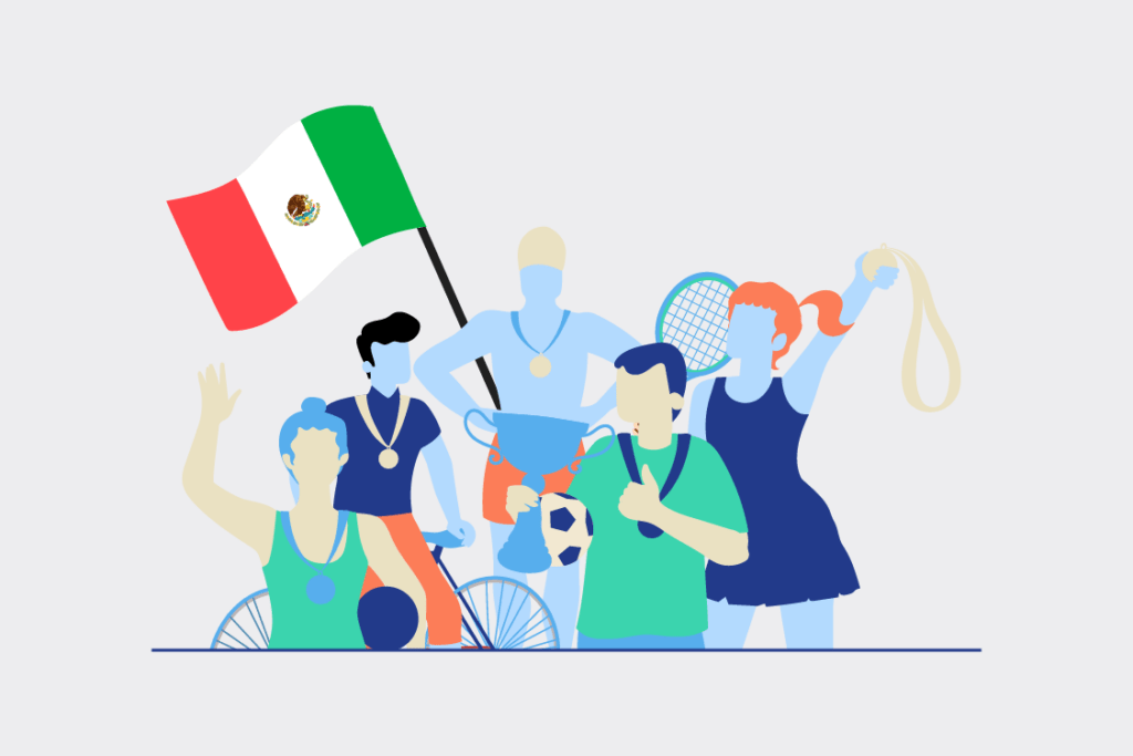 Ilustración del Comité Olímpico Mexicano con atletas celebrando, medallas deportivas, trofeos y la bandera de México, destacando el espíritu deportivo nacional — Comité Olímpico Mexicano