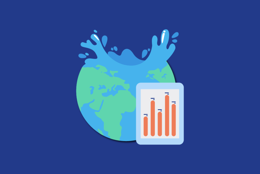 Planeta Tierra con impacto de agua y gráfico de indicadores para comunicar el análisis y gestión de la huella de agua