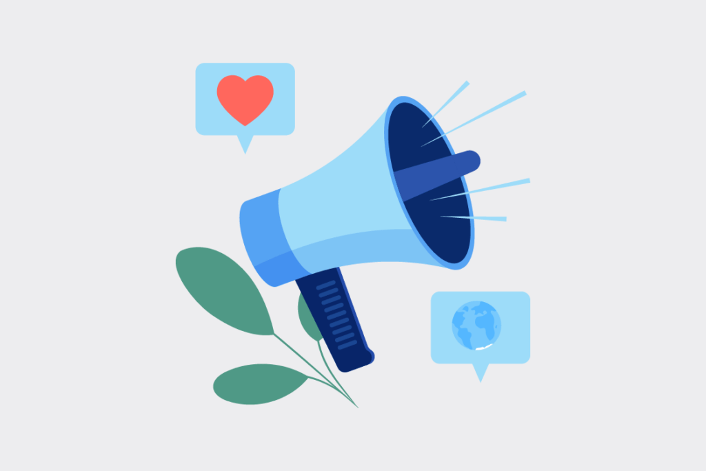 Ilustración de comunicación sostenible con megáfono y mensajes sobre medio ambiente y responsabilidad social
