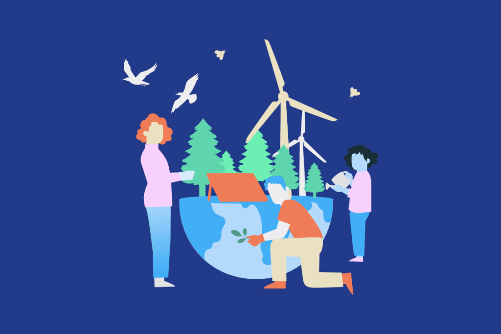 Personas colaborando en reforestación y energías limpias como medidas para enfrentar el Cambio Climático