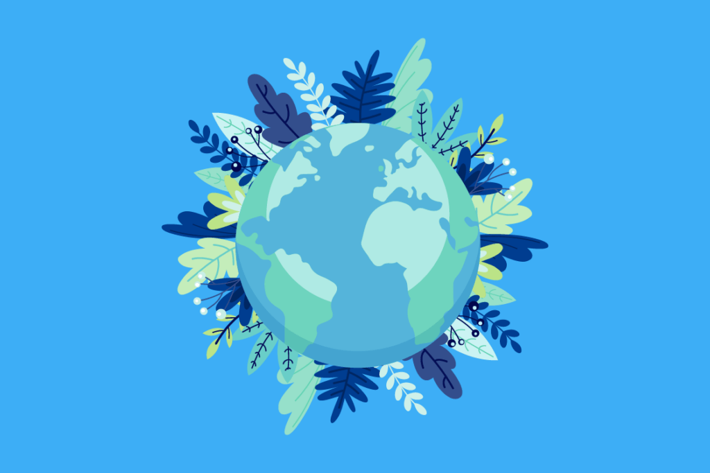 Ilustración del planeta Tierra rodeado de hojas, conmemorando el Día de la Tierra 2025