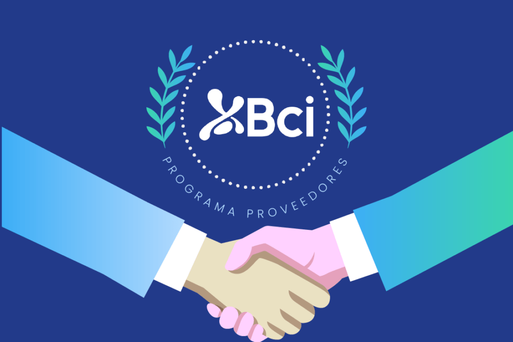 Programa Proveedores Bci: alianza estratégica y sostenibilidad con proveedores, ilustrada con un apretón de manos y el logotipo oficial de Bci.