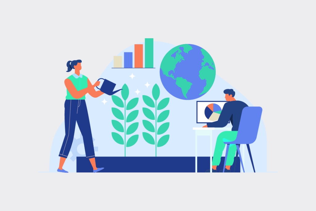 Personas trabajando con gráficos y acciones sostenibles como parte de un sistema de gestión ambiental