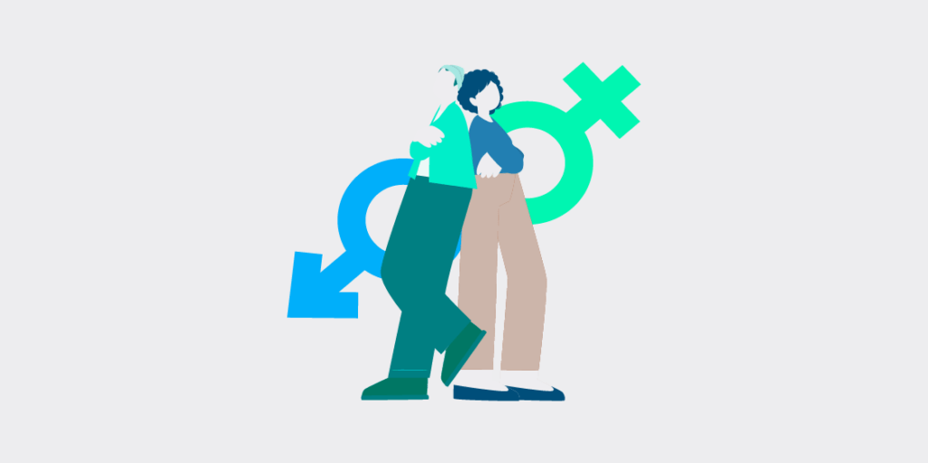 Ilustración de dos personas, con símbolos de género, buscando representar el ODS 5 igualdad de género