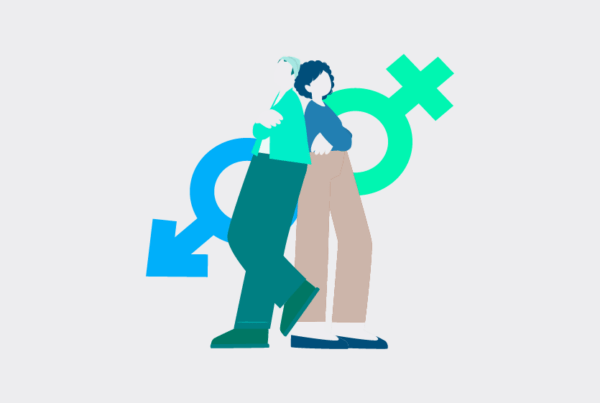 Ilustración de dos personas, con símbolos de género, buscando representar el ODS 5 igualdad de género