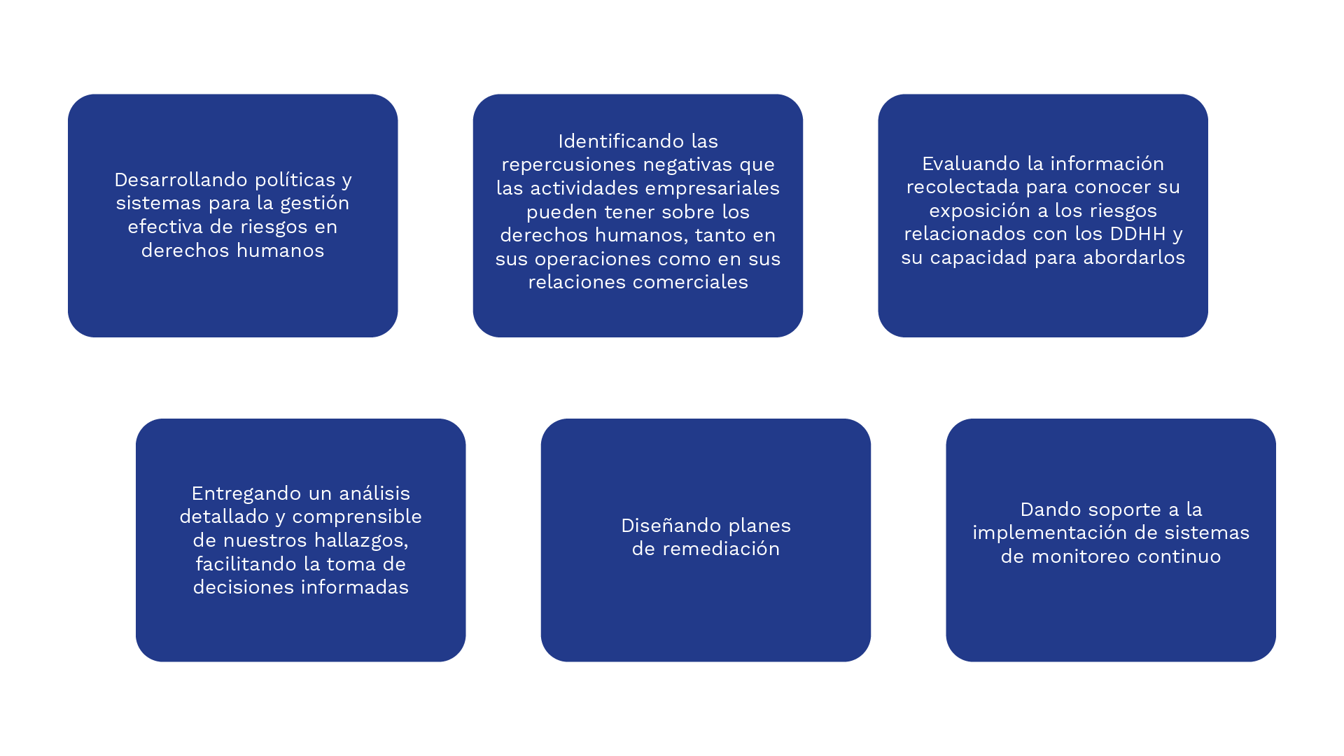 - Desarrollo políticas - Identificando repercusiones negativas - Evaluando información recolectada - Análisis detallado - Diseño planes - Soporte a la implementación