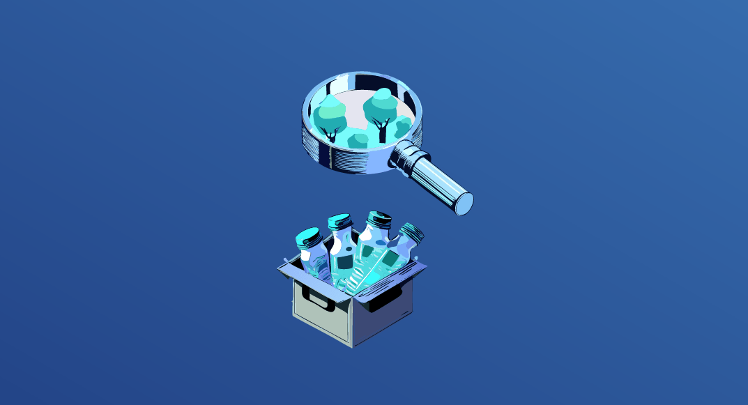 Lupa examinando impactos ambientales y caja con envases, representación del análisis de ciclo de vida producto