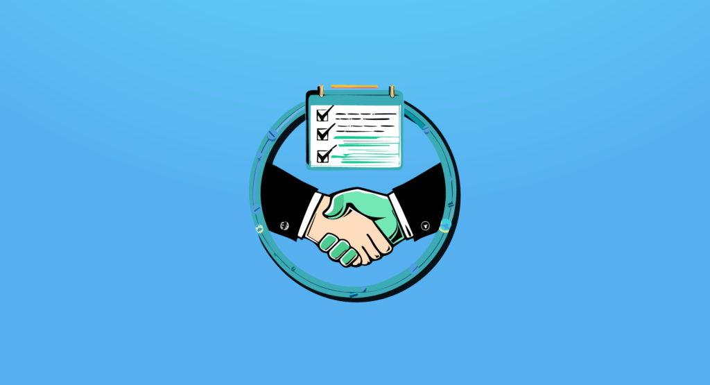 Ilustración de un apretón de manos con una lista de verificación, representando la Evaluación de proveedores y el cumplimiento de criterios de sostenibilidad