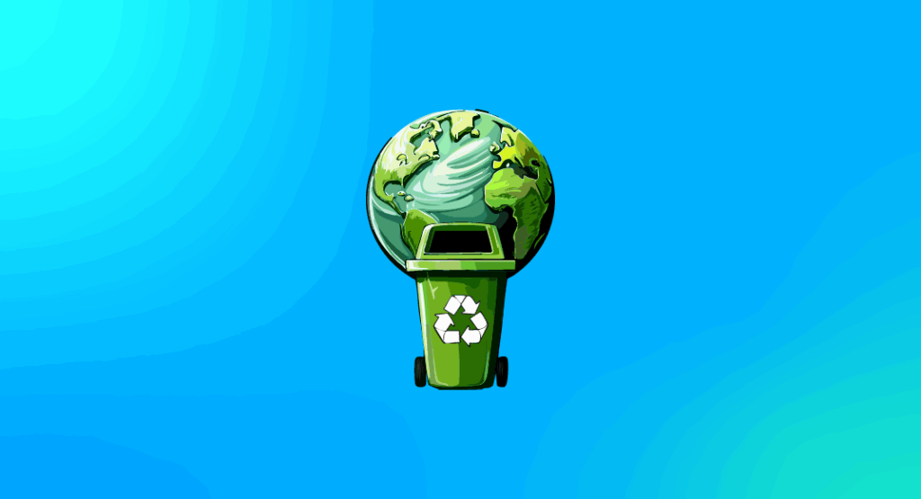 Ilustración sobre el Día Internacional del Reciclaje 2025, mostrando el planeta Tierra sobre un contenedor verde de reciclaje para destacar la importancia del reciclaje y la economía circular