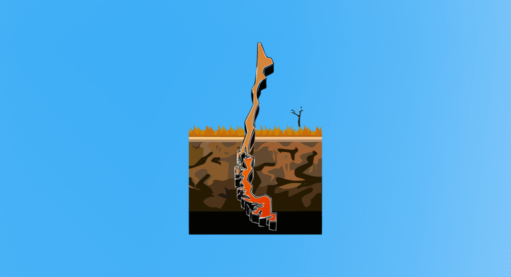 Ilustración de Chile afectado por sequía y degradación del suelo, destacando los desafíos actuales de la agricultura en el país