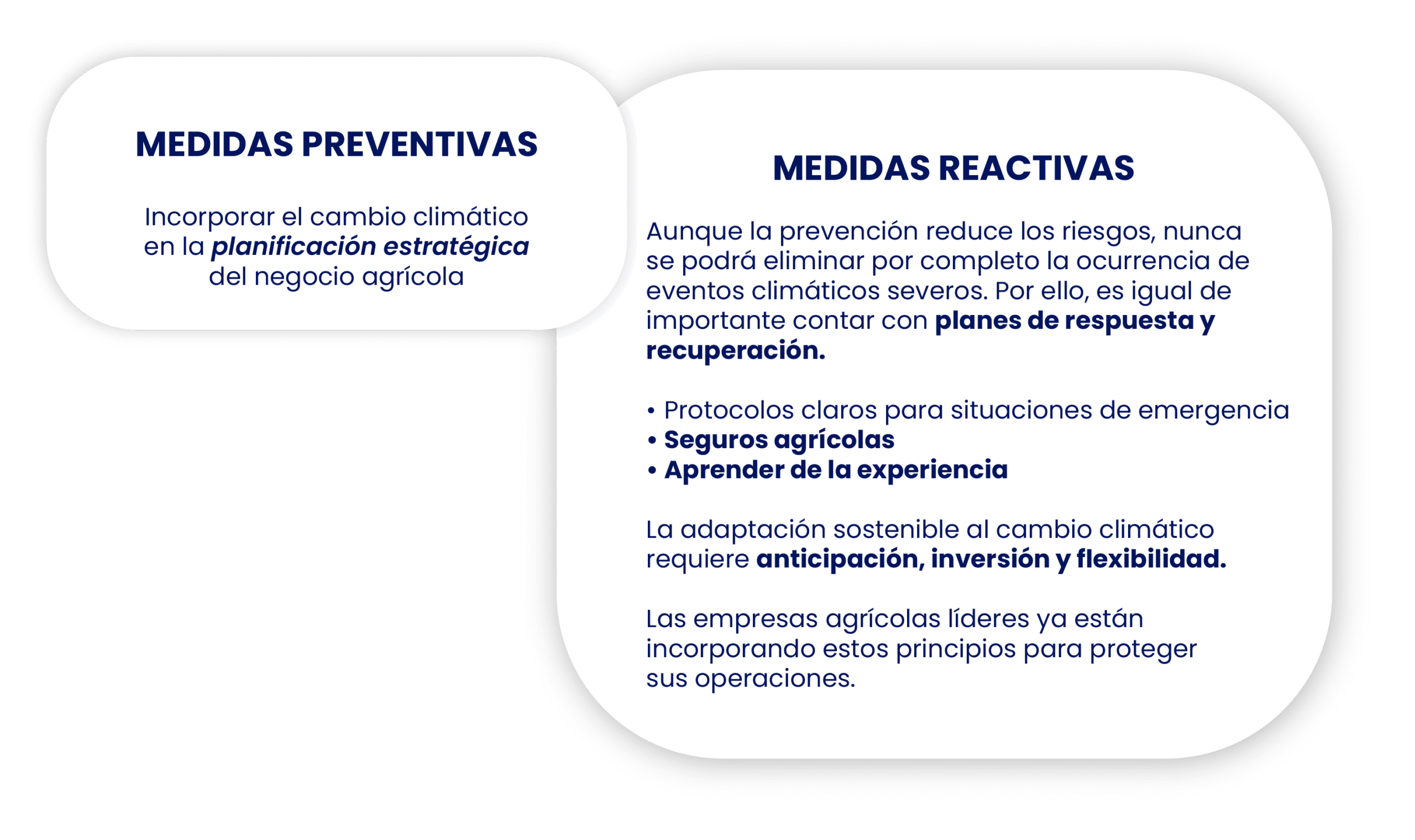 Medidas preventivas y reactivas para enfrentar el cambio climático en la agricultura, incluyendo planificación estratégica, seguros agrícolas y planes de recuperación