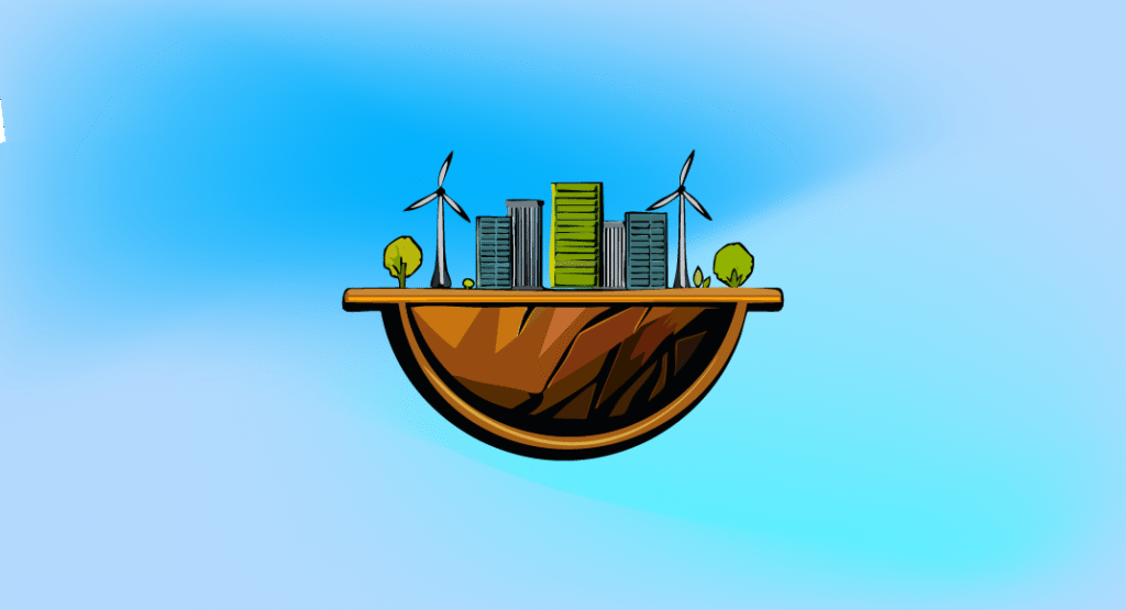 Ilustración de ciudades sostenibles con edificios modernos, turbinas eólicas y áreas verdes que representan desarrollo urbano responsable y energías renovables